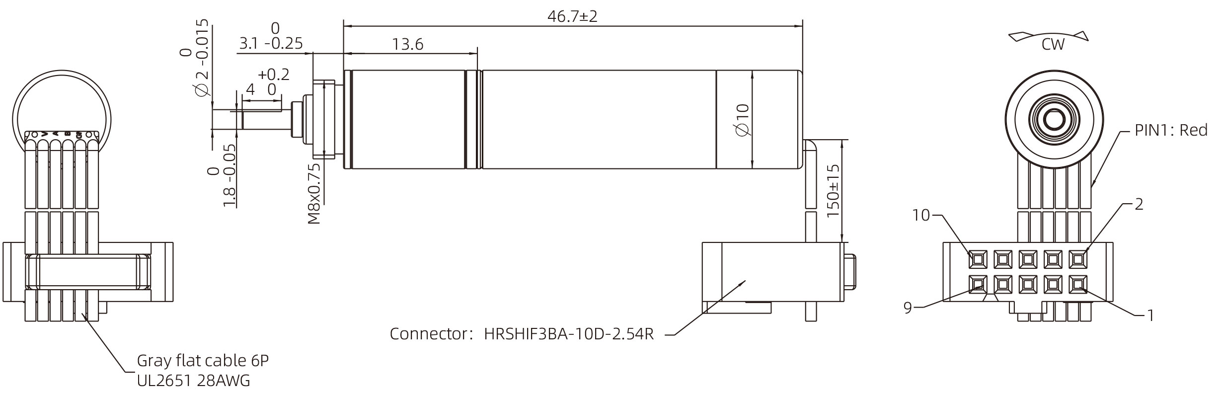 Brushed Coreless DC Motor Size 10mm Dimensional Drawing
