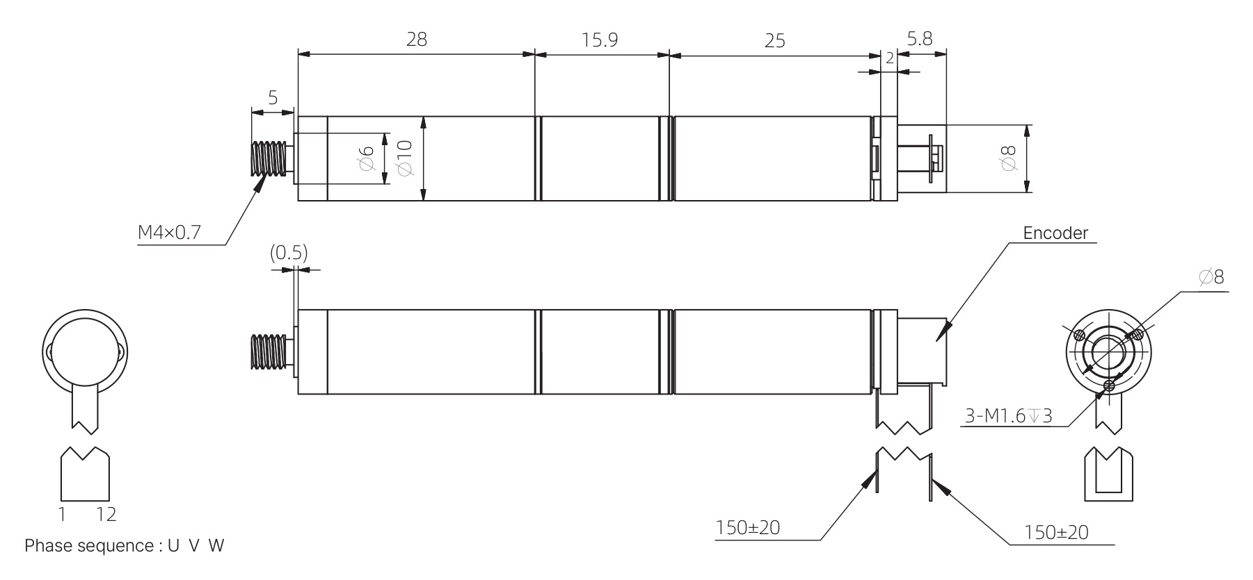 10mm Coreless Push Rod Actuator 도면 치수