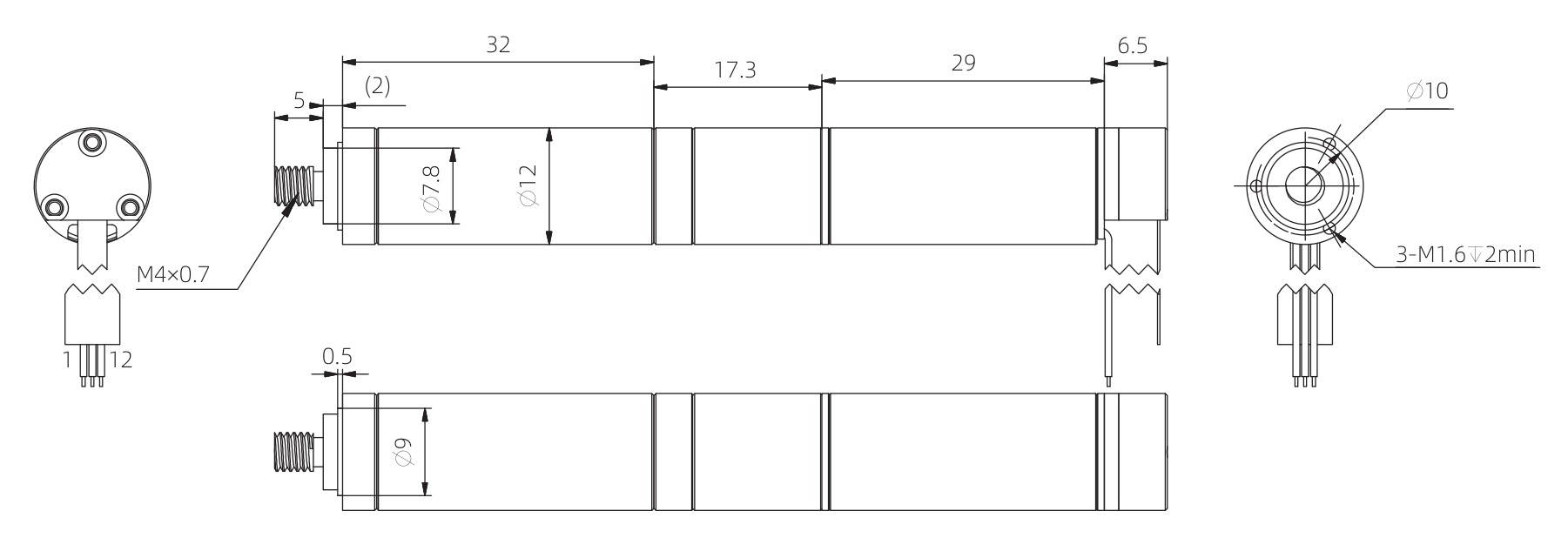 12mm Coreless Push Rod Actuator 도면 치수