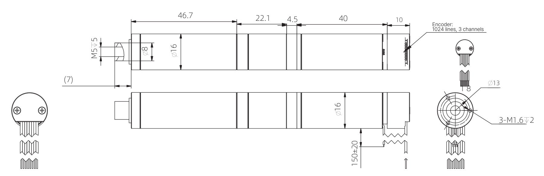 16mm Coreless Push Rod Actuator 도면 치수