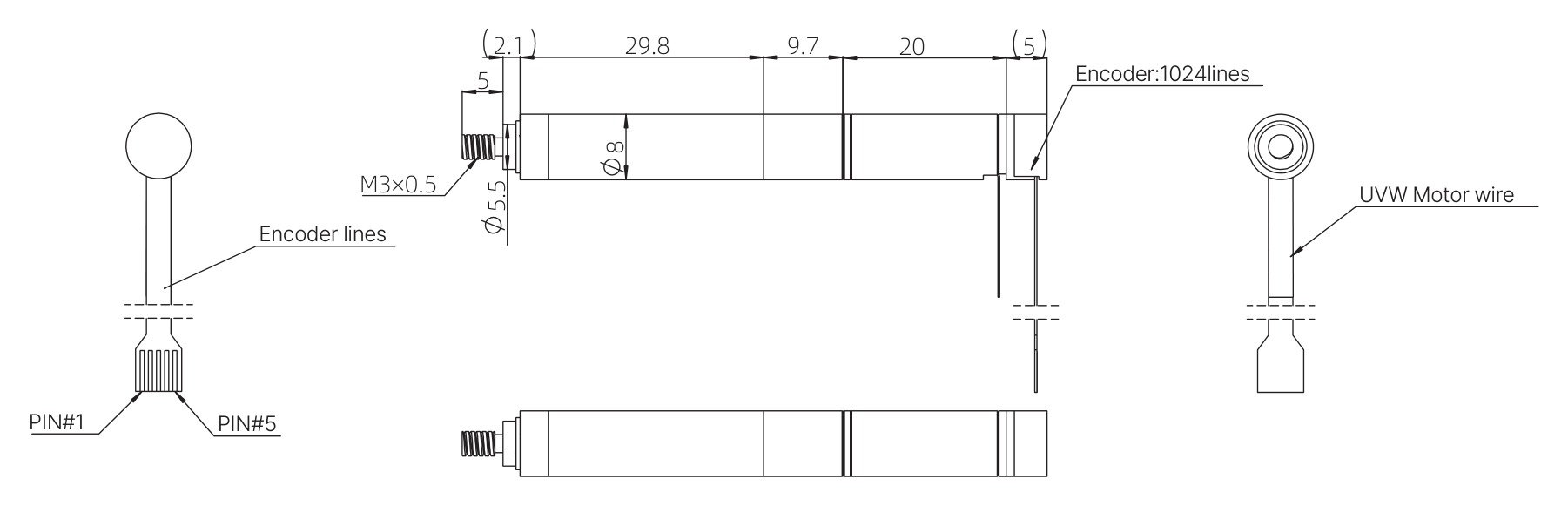 8mm Coreless Push Rod Actuator 도면 치수